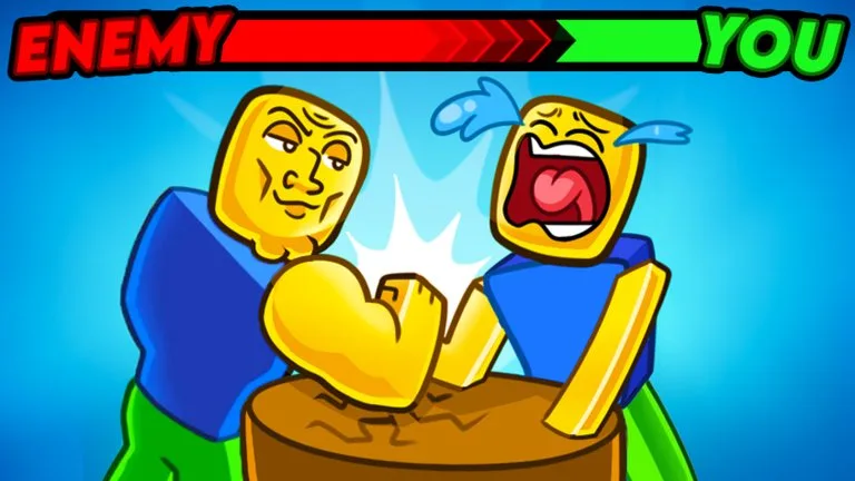 Promotional art of an arm wrestle with an Enemy and You strength bar over a wooden table.